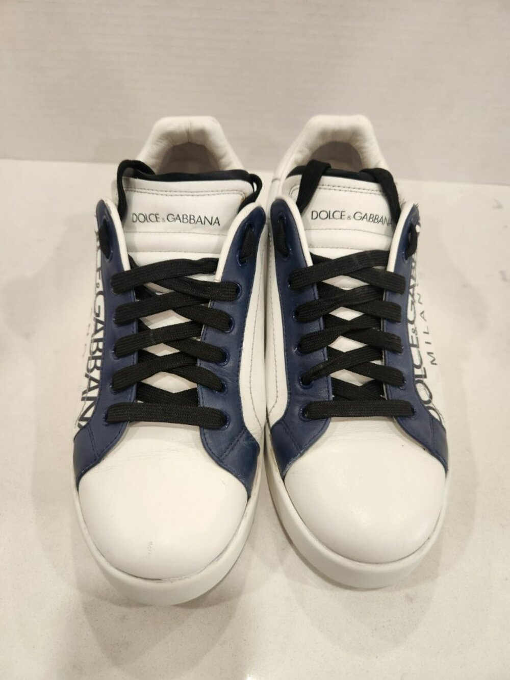 Vintage Dolce & Gabbana Sneakers Mens 7.5 White Blue Leather Crown Milano - Picture 2 of 12